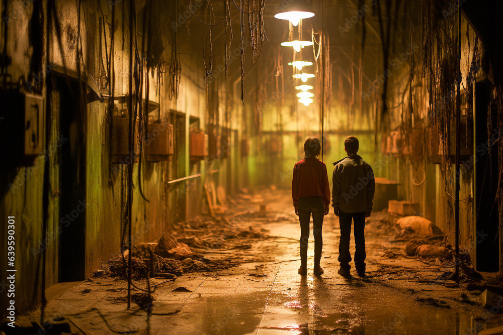 Two young people walking down a spooky abandoned hallway