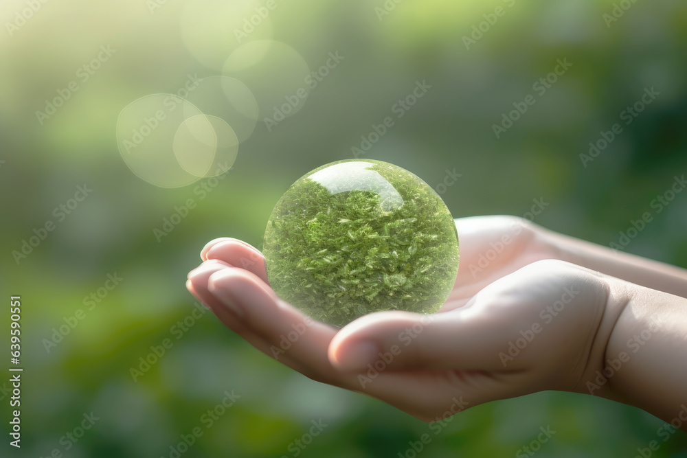 Hand holding young plant on bright background, eco friendly and corporate social responsibility campaign concept