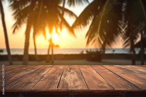 Wooden table with a beach background at sunset for product presentation with copy space