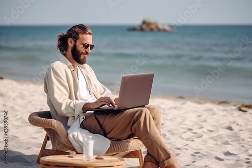 Man work on computer at the beach. Generative ai