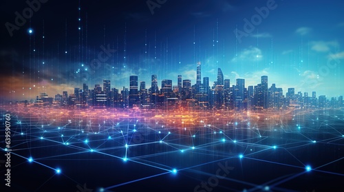 Futuristic Cityscape: A vibrant, futuristic cityscape glows with digital energy, connecting the world through a luminous network of data and innovation. 