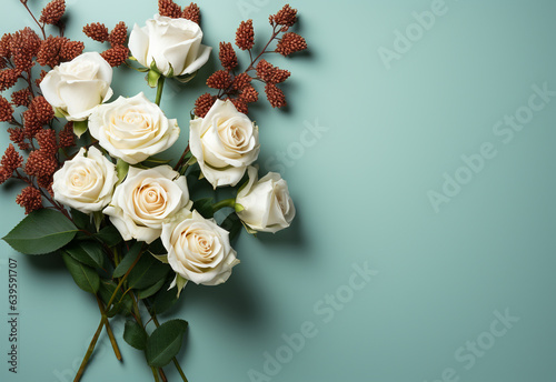 Bouquet of white roses on turquoise background, top view