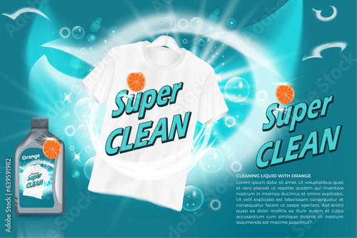 Vector advertising for strong clean washing detergent with stark white clothes hanging and a 3d representation of the product box