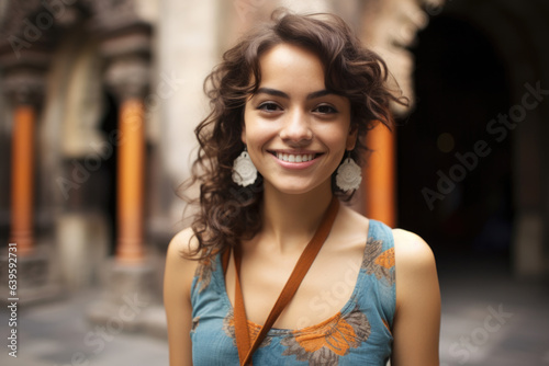 Portrait of a happy smiling Hispanic woman outdoors at the courtyard terrace of a old building in Mexico City