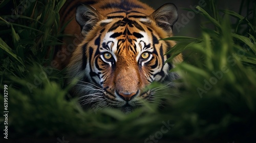 A tiger stealthily stalking through its natural habitat, showcasing its grace and power, with open space for text placement. stalking in the wild, stealthy movement, AI generated. © Hifzhan Graphics