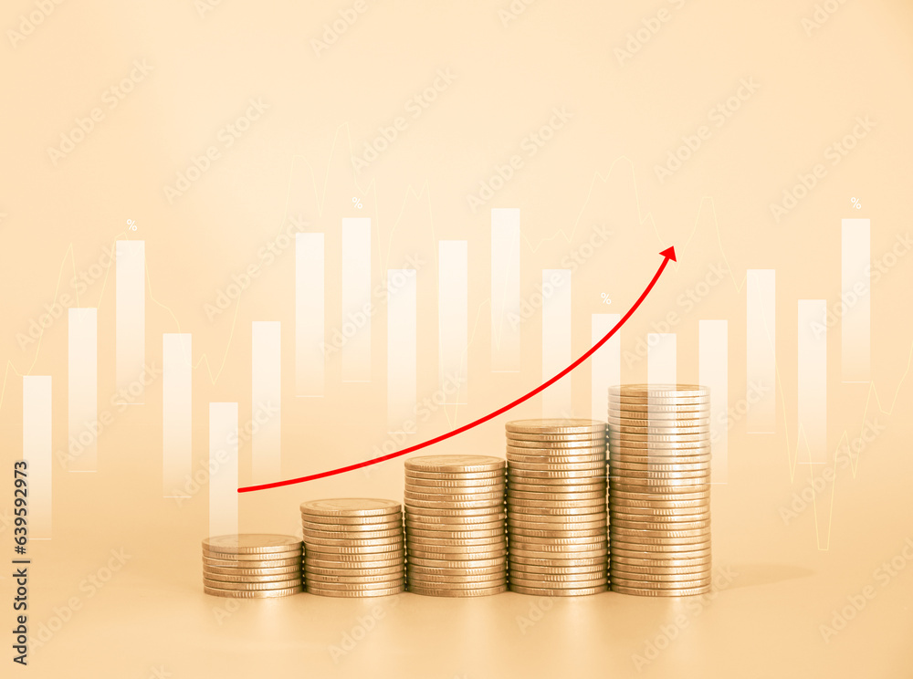 Stack of golden money coin yellow background with graph and red up arrow. Business and financial background concept. Stack of golden money coin yellow background with graph and red up arrow. Business and financial background concept.