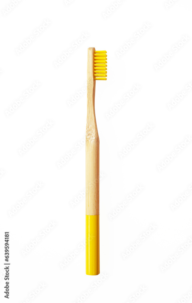Yellow wooden bamboo toothbrush isolated on white background. Natural organic dental tooth care protection. Mock up, template