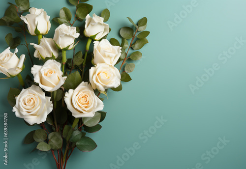 Bouquet of white roses with eucalyptus leaves on green background