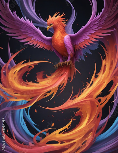 Phoenix. Fire Phoenix risen from the ashes. Firebird. Burning bird. Eagle flying in the fire. Bird in the fire. Fantasy Fiery bird. Mythical Creature. 