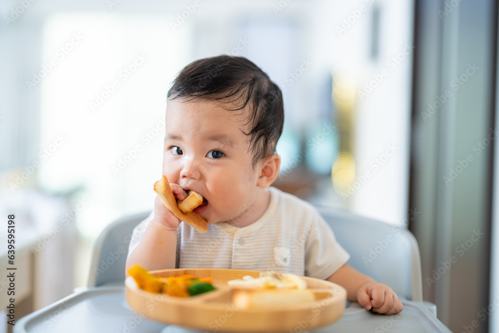 離乳食後期でをつかみ食べをしてご機嫌な生後9か月の赤ちゃん 離乳食後期でをつかみ食べをしてご機嫌な生後9か月の赤ちゃん