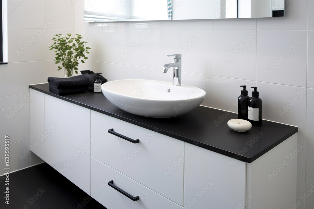 Modern minimalism style bathroom interior in black and white tones. Generative AI Modern minimalism style bathroom interior in black and white tones. Generative AI