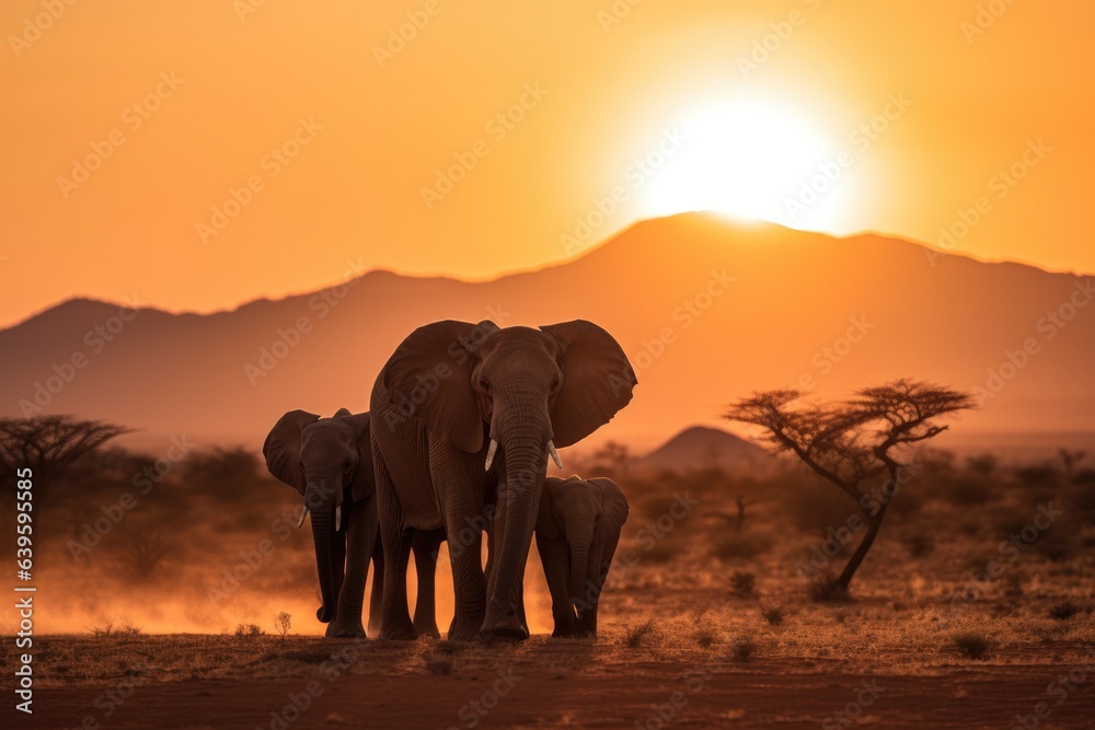 Group of African Elephants in the plains at sunset