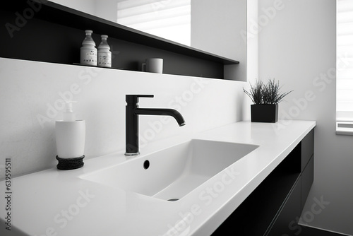 Modern minimalism style bathroom interior in black and white tones. Generative AI