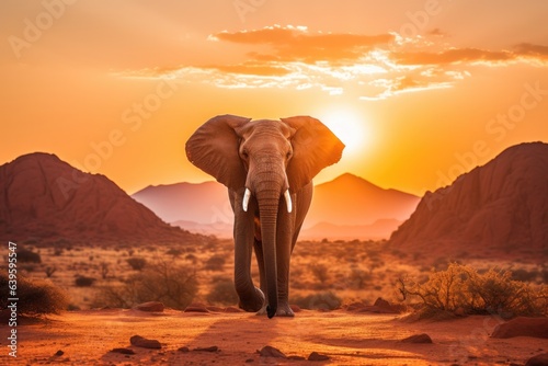 One adult African Elephant in the plains at sunset