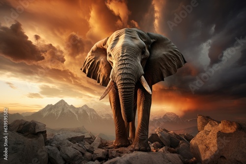 Angry African Elephant under cloudy sky with dramatic lighting