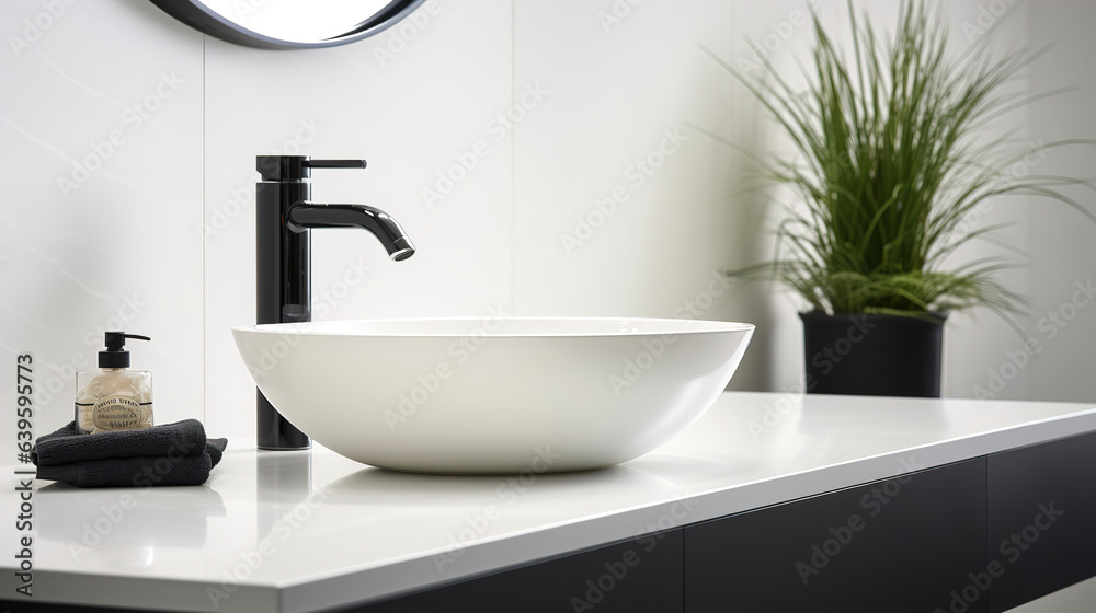 Fototapeta premium Modern minimalism style bathroom interior in black and white tones. Generative AI