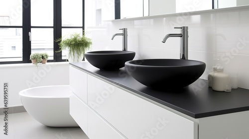 Modern minimalism style bathroom interior in black and white tones. Generative AI