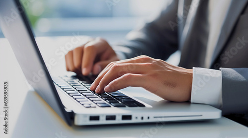 Photo of a businessman working on his laptop, with a close-up of his hands.