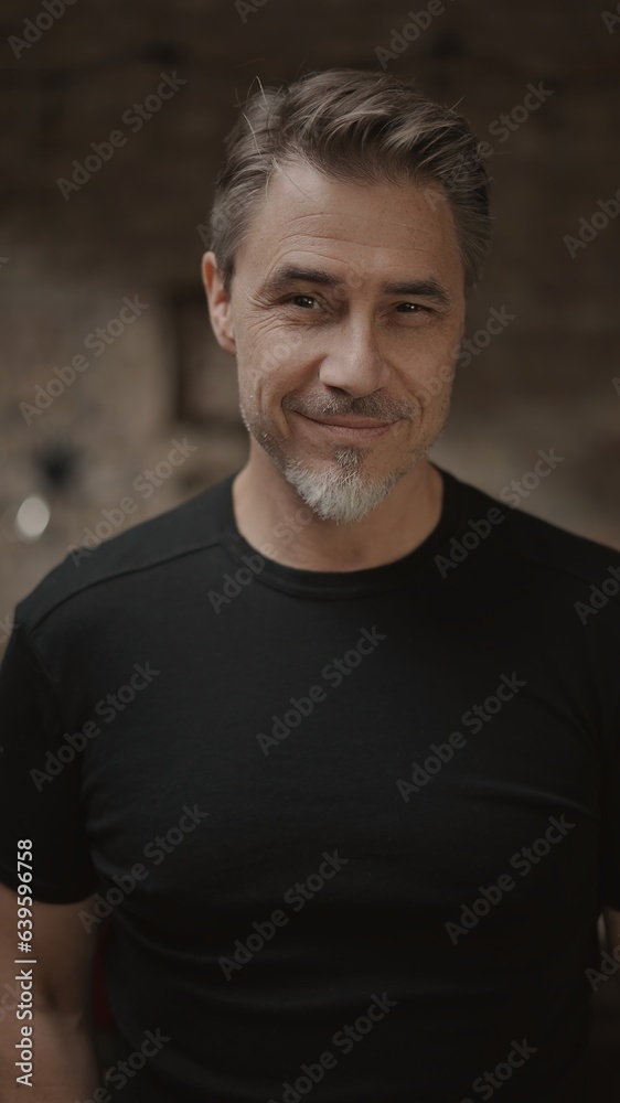 Fototapeta premium Portrait of smiling middle aged man in a dark room
