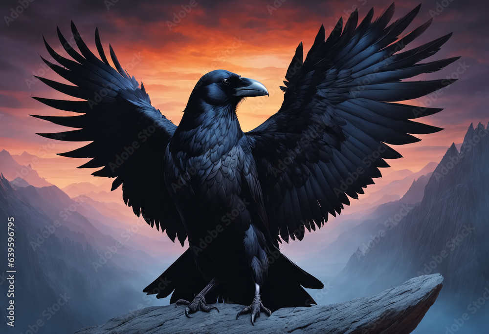 Obraz premium Raven sitting on rock in the sunset. Generative AI
