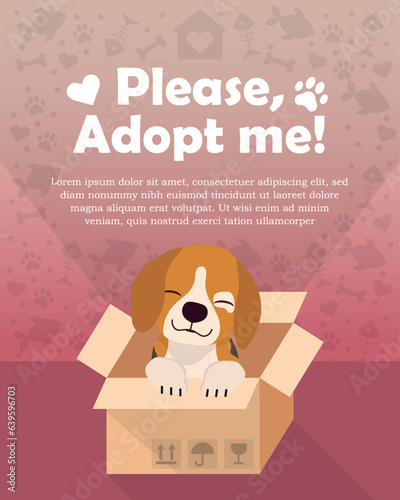 A poster "adopt me" icon vector illustration. Pet adoption on isolated background. Dog in box sign concept.