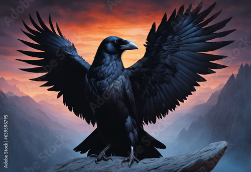 Raven sitting on rock in th...