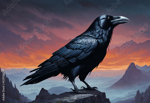 Raven sitting on rock in th...