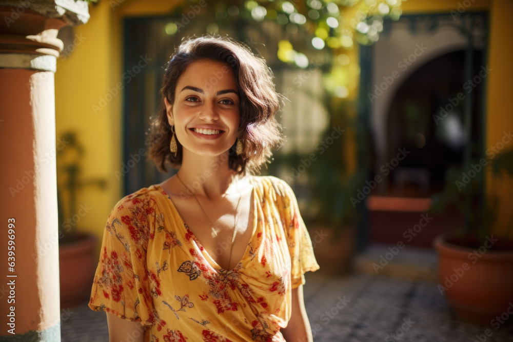 Portrait of a happy smiling Hispanic woman outdoors in the courtyard of a spanish style house