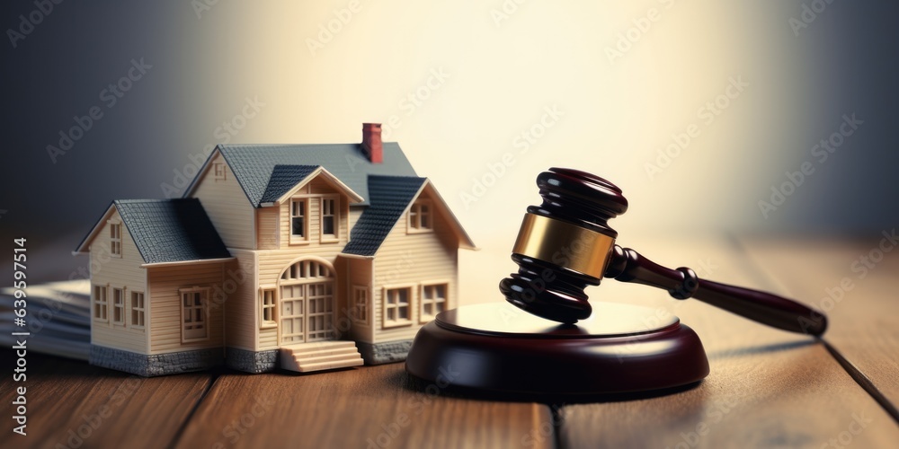Judge hammer and model house, Real Estate Purchase and Sale Transaction Litigation, real estate dispute, real estate auction, generative ai.