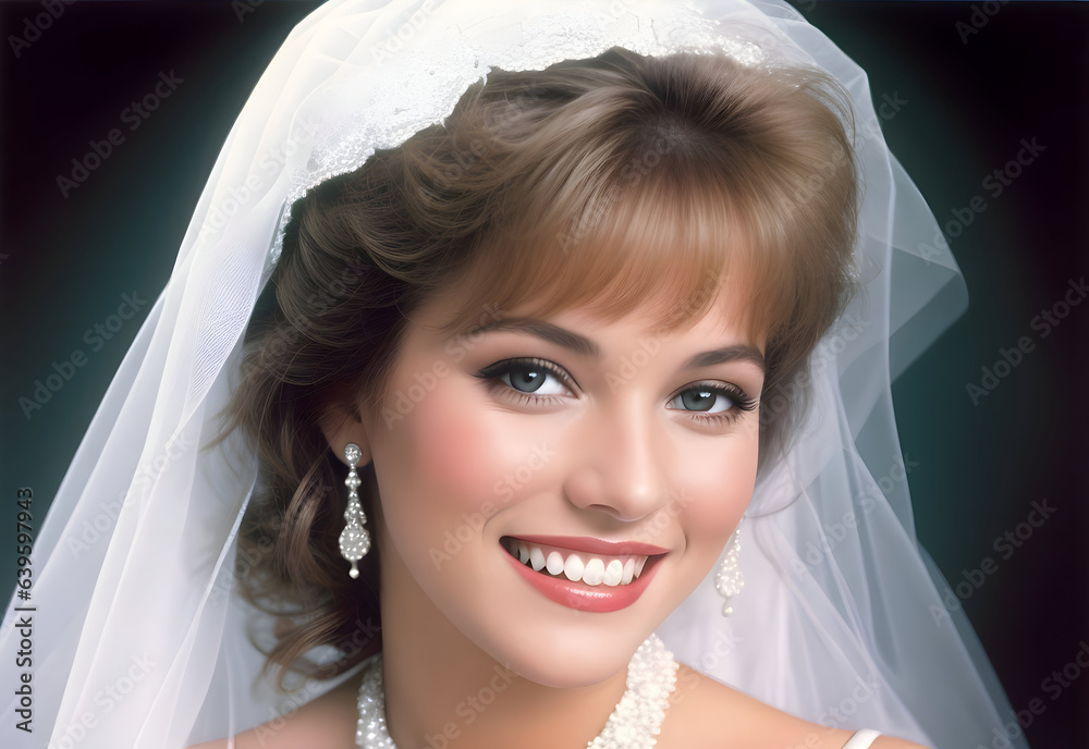 1980s bride smiling portrait, bride wearing old fashion vintage bridal dress, bridal frock 1980s bride smiling portrait, bride wearing old fashion vintage bridal dress, bridal frock