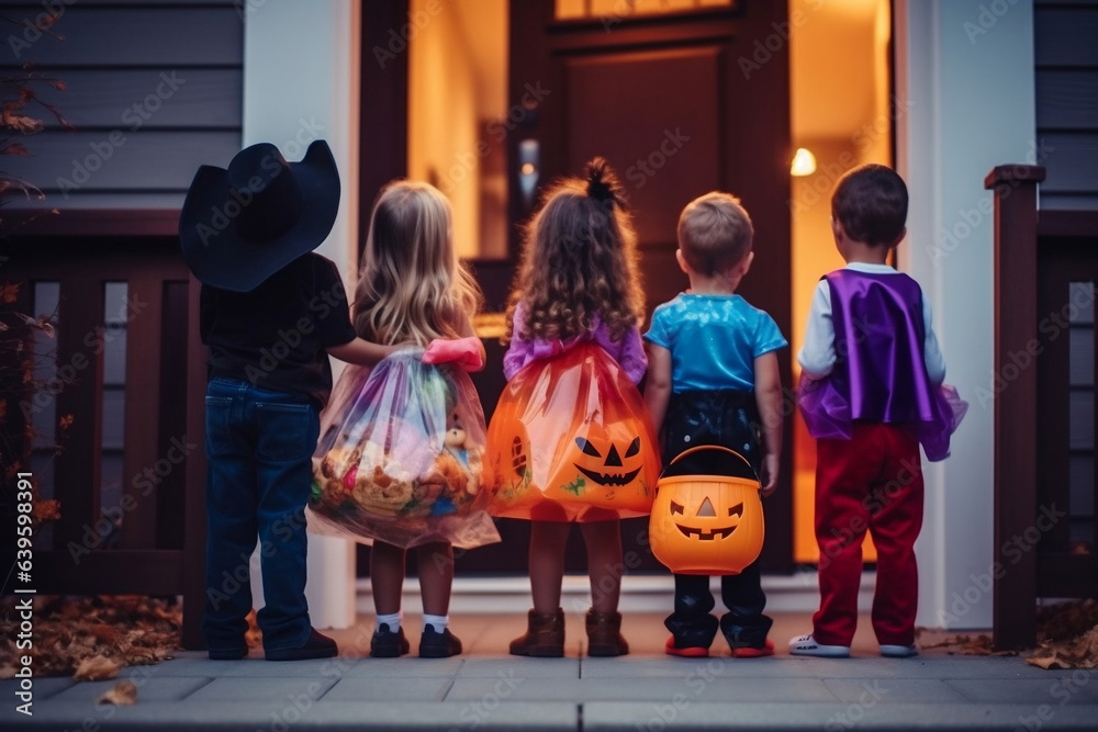 Back of five kindergarten children in fancy dress trick or treat at neighbour house front door on Halloween.