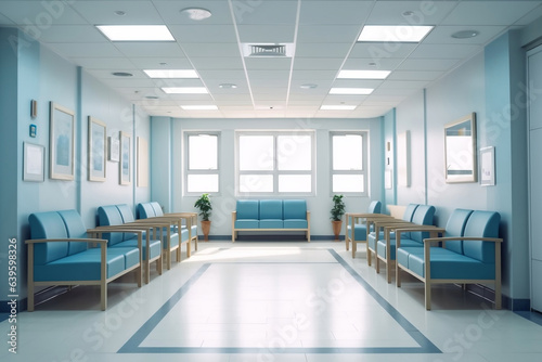 Hospital lobby lounge, blue colored modern medical office interior, dental clinic, aesthetics clinic, healthcare and insurance background.
