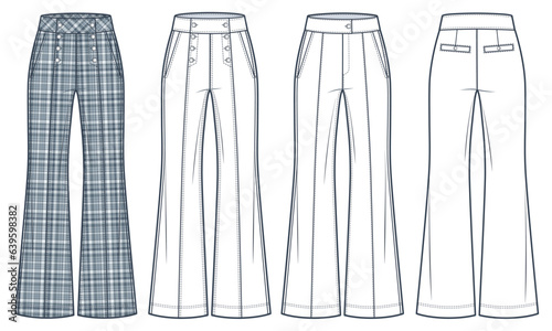 Flared Trousers technical fashion illustration. Plaid Pants fashion flat technical drawing template, flared bottom, button closure, front, back view, white, grey, women, men, unisex CAD mockup set.
