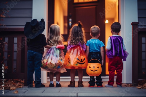 Back of five kindergarten children in fancy dress trick or treat at neighbour house front door on Halloween.