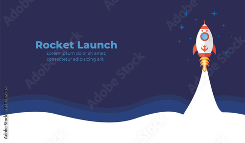 Rocket launch. Vector illustration of a rocket flying above the clouds. Business and technology startup concept designed in flat and minimalistic cartoon style.