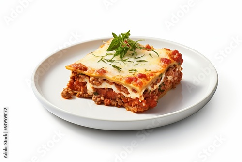 a delicious serving portion of a traditional italian pasta dish lasagna with greens on a white plate  restaurant prepared meal. white background