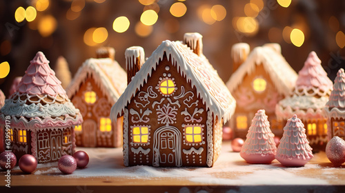 Decorated with icing gingerbread houses on the table, Christmas sweets. Generative Ai