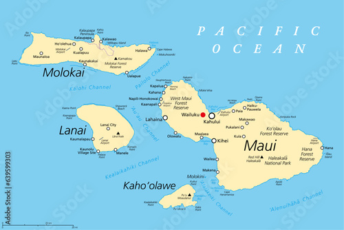 Maui County in the U.S. state Hawaii, political map, with Wailuku as seat. Consisting of the islands of Maui, Lanai, Molokai, Kahoolawe and Molokini. With Kalawao County on the north coast of Molokai.