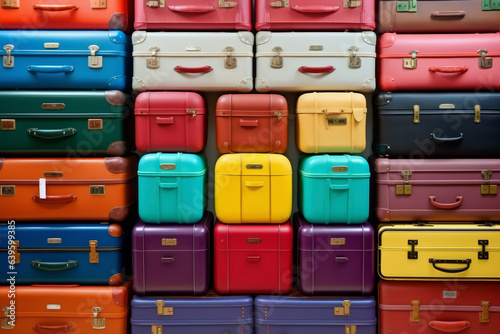 Many colorful suitcases lined up in the shop window. Travel concept suitable for holidays and vacations.