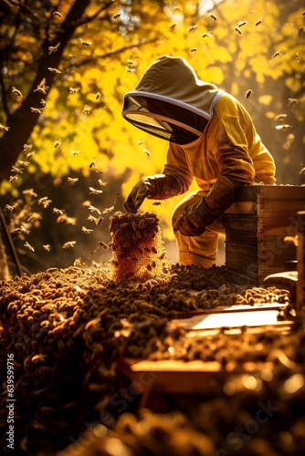 a professional beekeeper wearing a protective clothing and veil taking care of his bee hive in the rural setting, harvesting honey