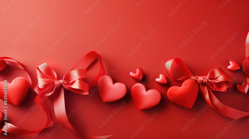 Hearts made of ribbon and gift on red background, Valentine's Day celebration. Generative Ai