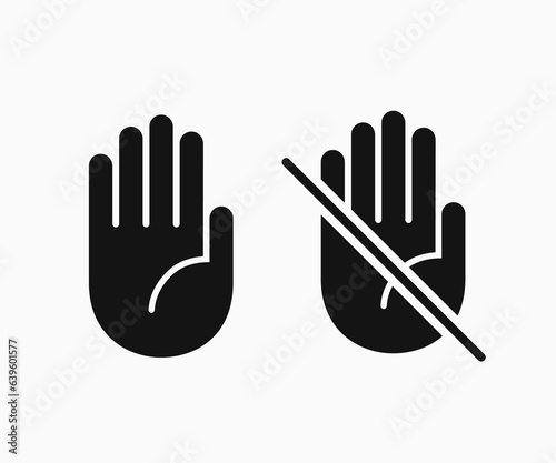 Do not touch hand icon. don't touch hand icon. filled logotype design element. User manual symbol. Crossed palm pictogram.