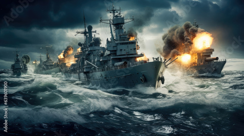 Fotografia Intense naval warfare featuring modern battleships in a vast, raging ocean