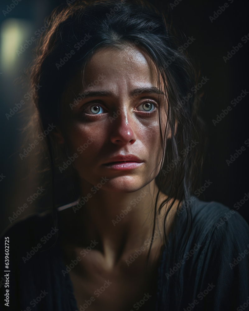 Timeless capture of a woman in distress, with pain evident in her eyes, in a dim setting