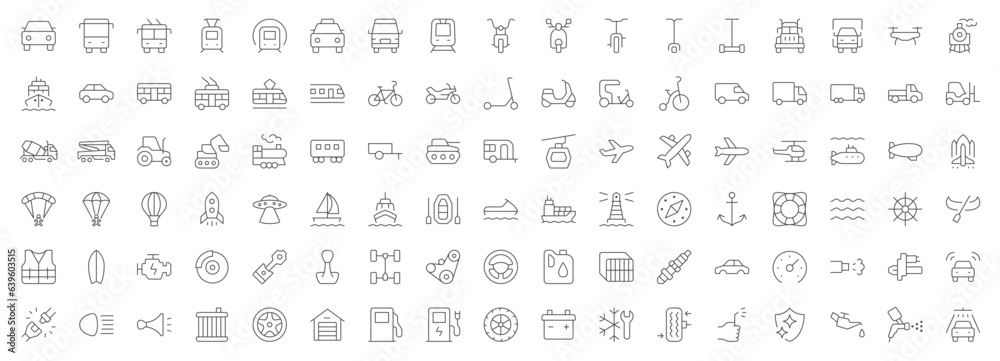Transport line icons. Vector illustration include icon - ship, bus, car detailing, truck repair, garage service, drone, zeppelin, aerostat outline pictogram for maintenance. Editable Stroke
