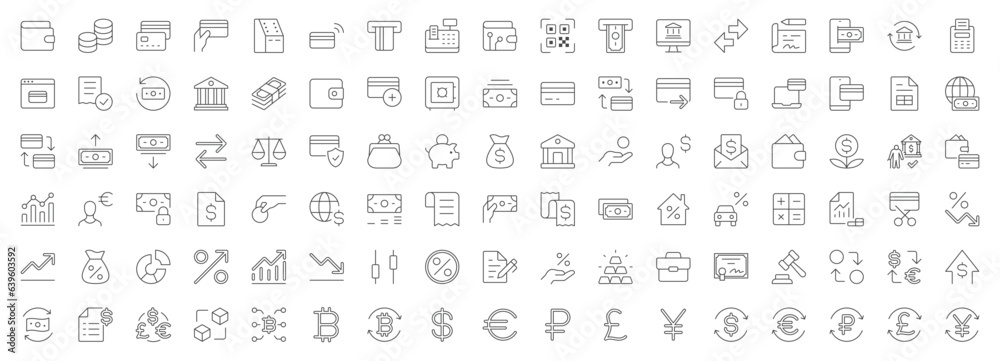 Finance line icons. Vector illustration include icon - computer, invoice, transfers, withdrawal, comission, taxes, invest, mortgage calculator outline pictogram for bank operations. Editable Stroke Finance line icons. Vector illustration include icon - computer, invoice, transfers, withdrawal, comission, taxes, invest, mortgage calculator outline pictogram for bank operations. Editable Stroke