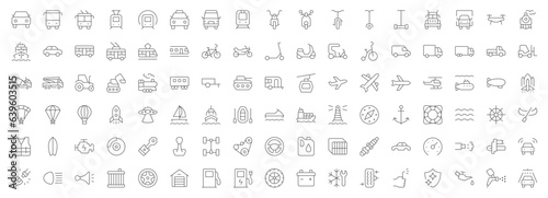 Transport line icons. Vector illustration include icon - ship  bus  car detailing  truck repair  garage service  drone  zeppelin  aerostat outline pictogram for maintenance. Editable Stroke