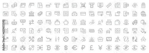Finance line icons. Vector illustration include icon - computer  invoice  transfers  withdrawal  comission  taxes  invest  mortgage calculator outline pictogram for bank operations. Editable Stroke