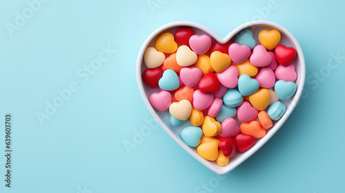 Multicolored candies in a plate in the shape of a heart on a blue wooden background. Generative Ai