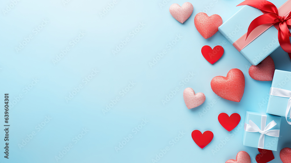 Flat lay of valentines day presents with hearts and copy space. Generative Ai Flat lay of valentines day presents with hearts and copy space. Generative Ai